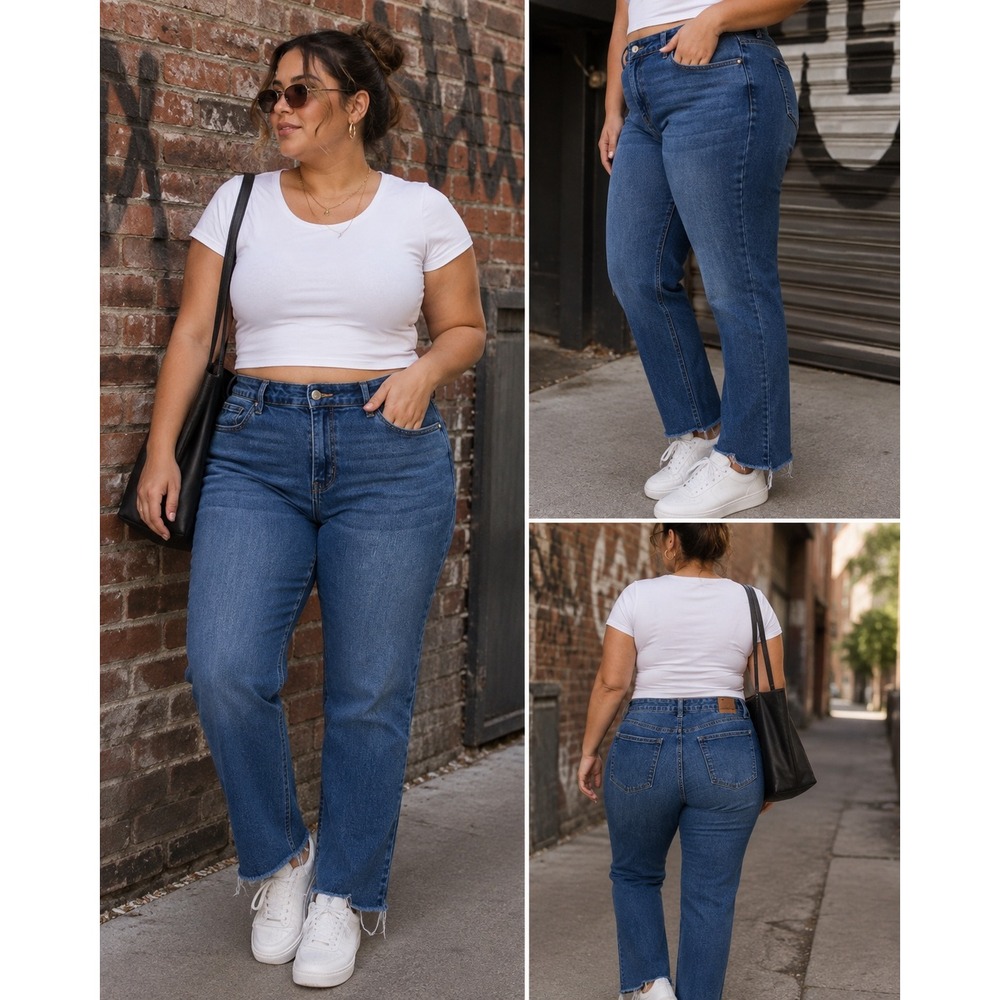 Judy Blue Los Angeles High Rise Straight Leg Raw Hem Jeans Medium Wash 11/30